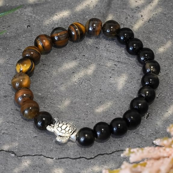 Tiger Eye & Black Onyx Turtle Good Luck Band